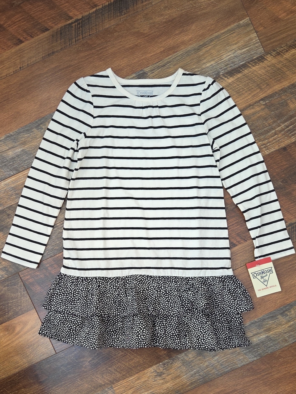 NWT Oshkosh B'gosh Black & White Striped Polka Dot Long Sleeve Dress, Size 5T
